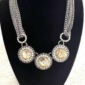 FAUX CITRINE RHINESTONE GLASS SILVER TONE CHOKER LAYERED NECKLACE 16.5"+‎ 3"